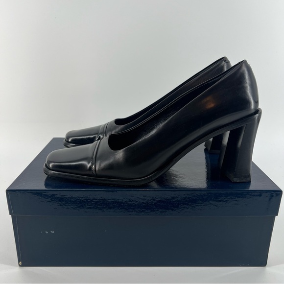 Joan & David Square Toe Block Heel Size 7.5 Black Leather Pumps - Picture 5 of 7